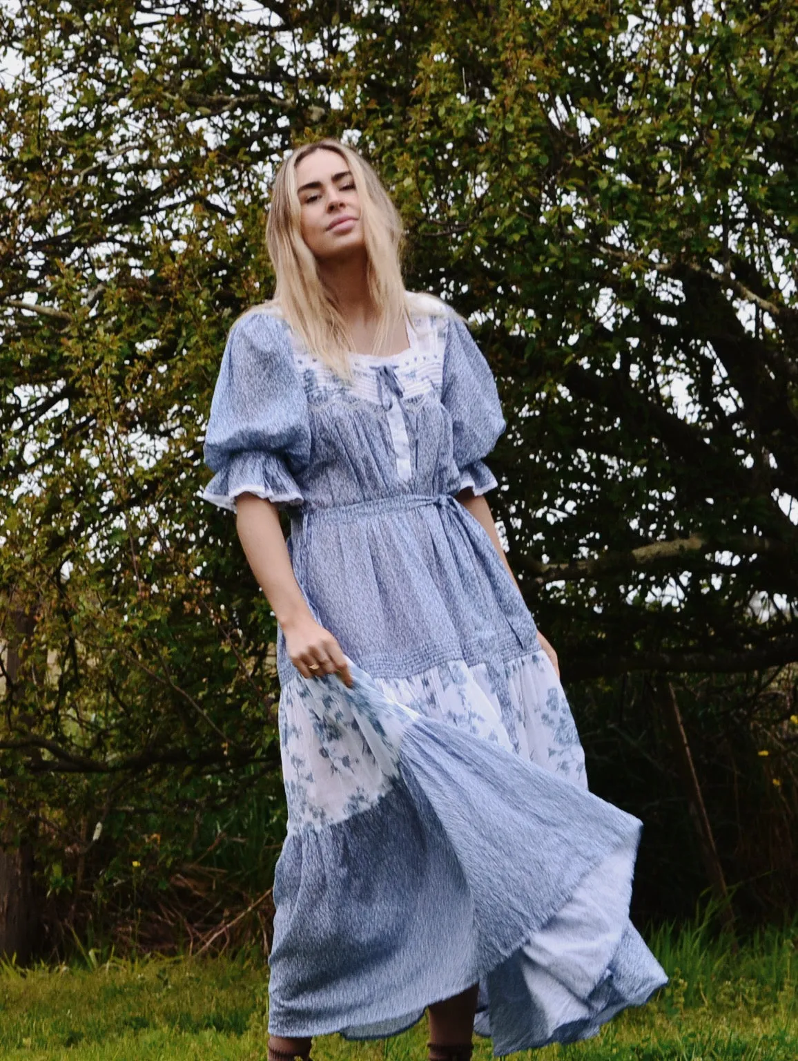 100% RECYCLED COTTON - MORNING SONG HAND SMOCKED TIERED DRESS - CORNFLOWER BLUE ROSE
