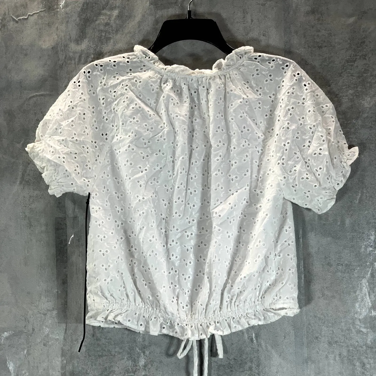 1.STATE Women's Ultra White Eyelet Raglan Sleeve Tie-Hem Crop Top SZ S
