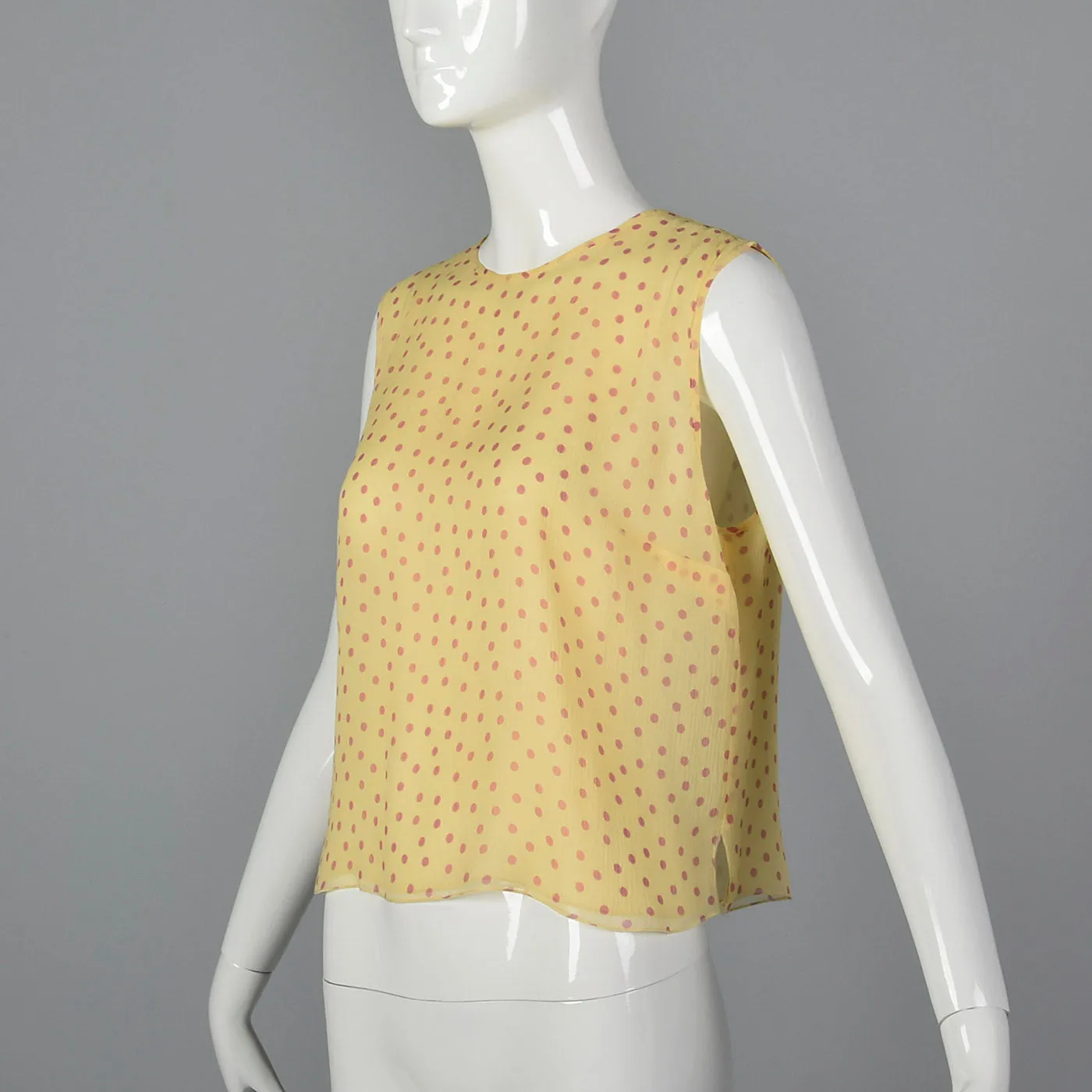 2000s Yellow Silk Blouse with Pink Polka Dots