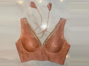 50V452-RO Peach Sequin Sleeveless Saree Blouse with Golden Lace