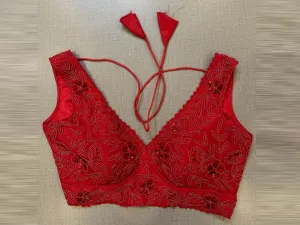 50V508-RO Red Hand Embroidered Sleeveless Sari Blouse