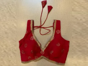 50V513-RO Red Embroidered Sleeveless Sari Blouse