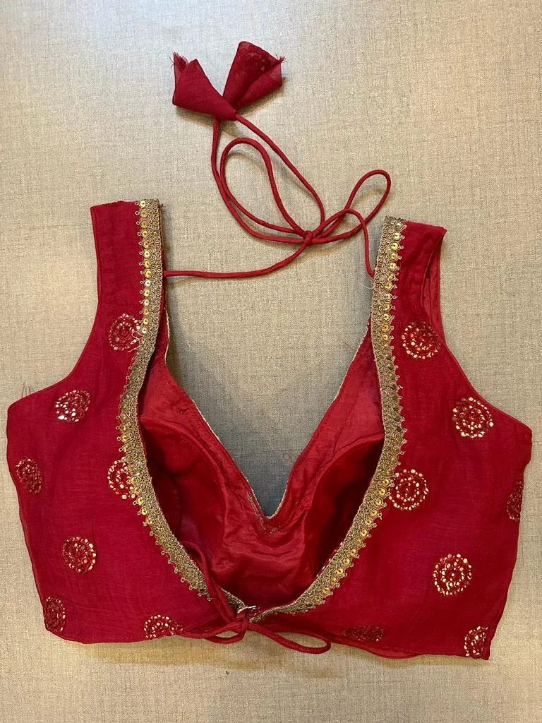 50V526-RO Red Embroidered Sleeveless Designer Saree Blouse