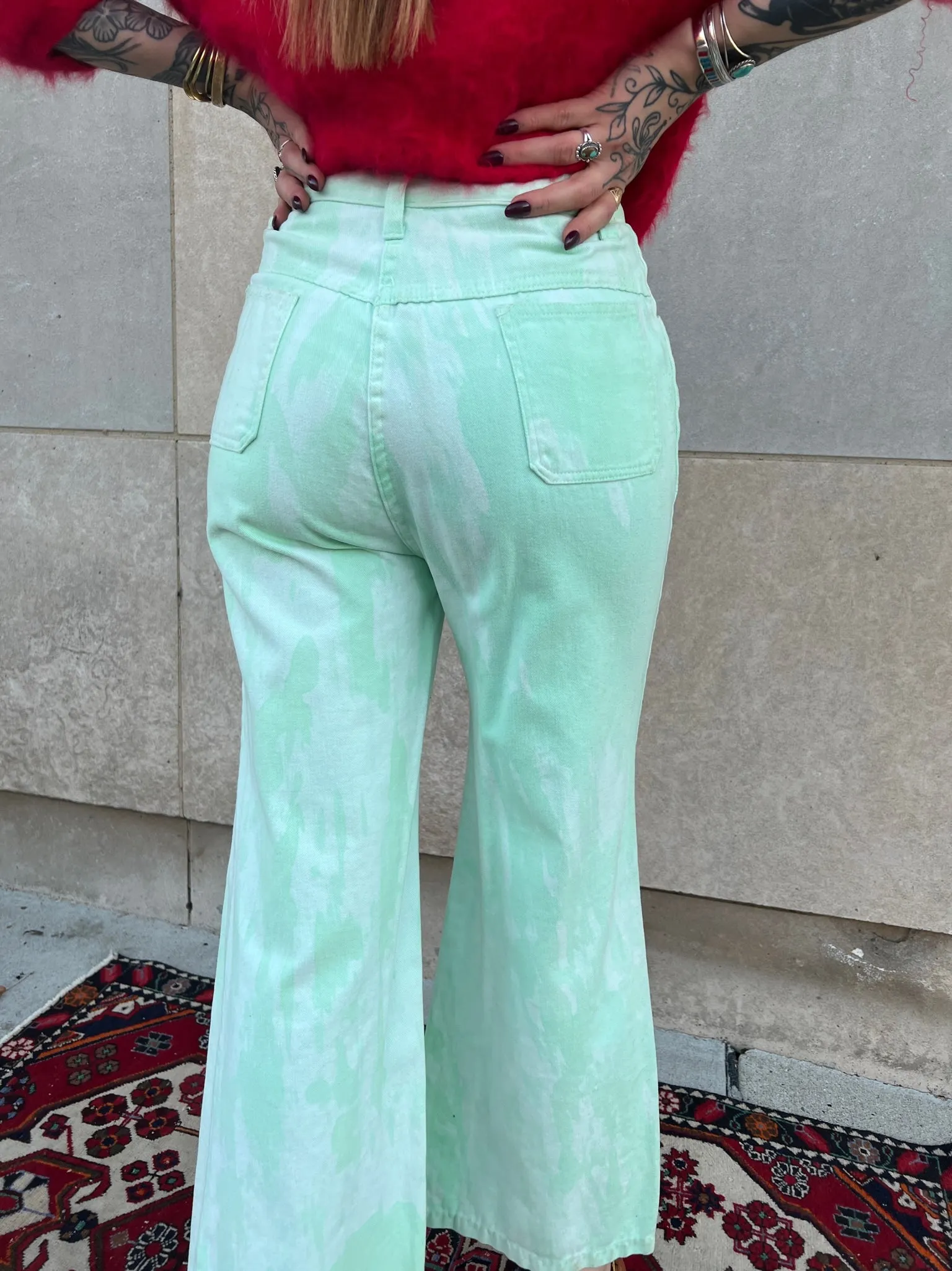 70s Mint Green Acid Wash Bell Bottom Denim Jeans