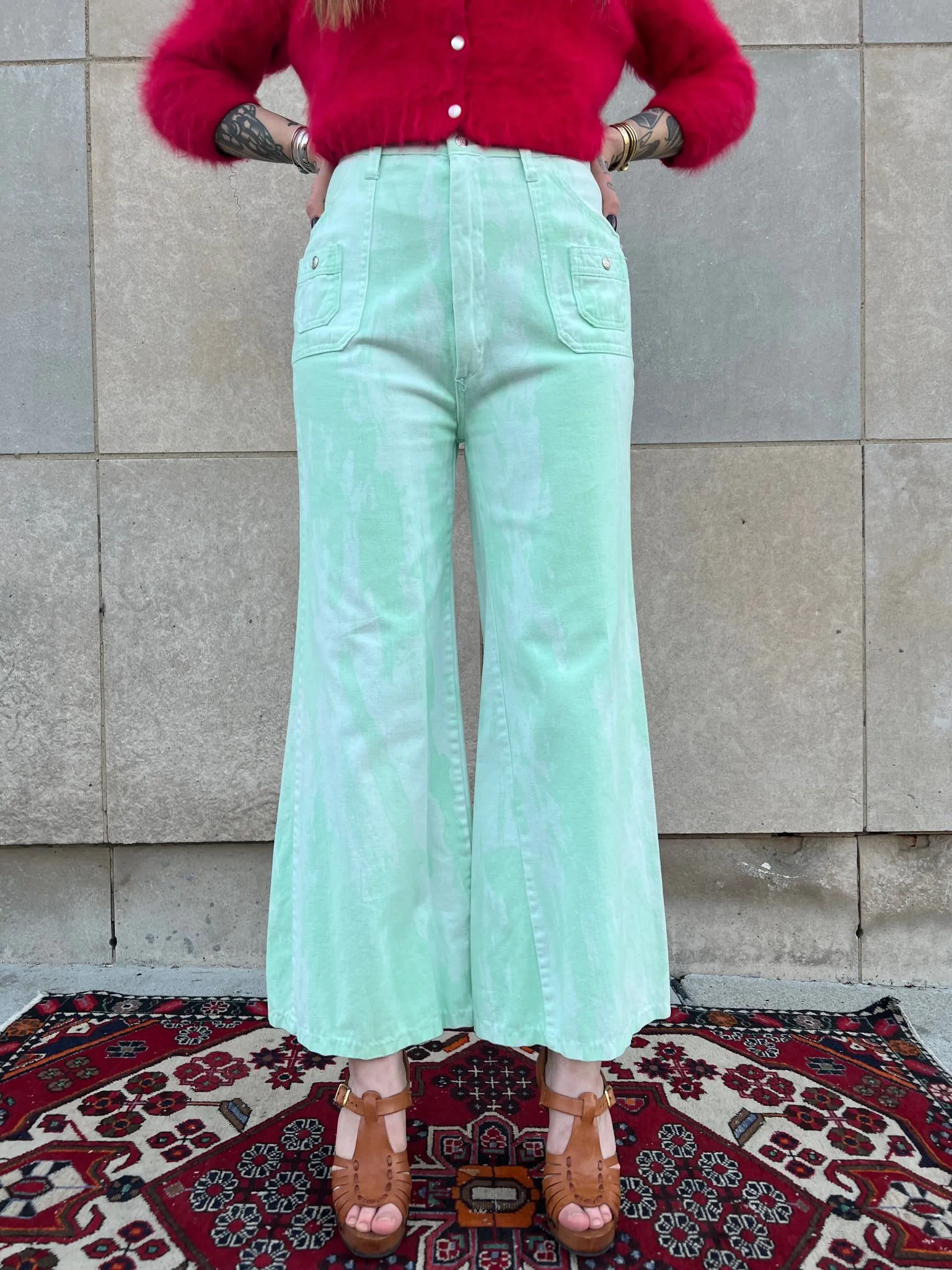 70s Mint Green Acid Wash Bell Bottom Denim Jeans