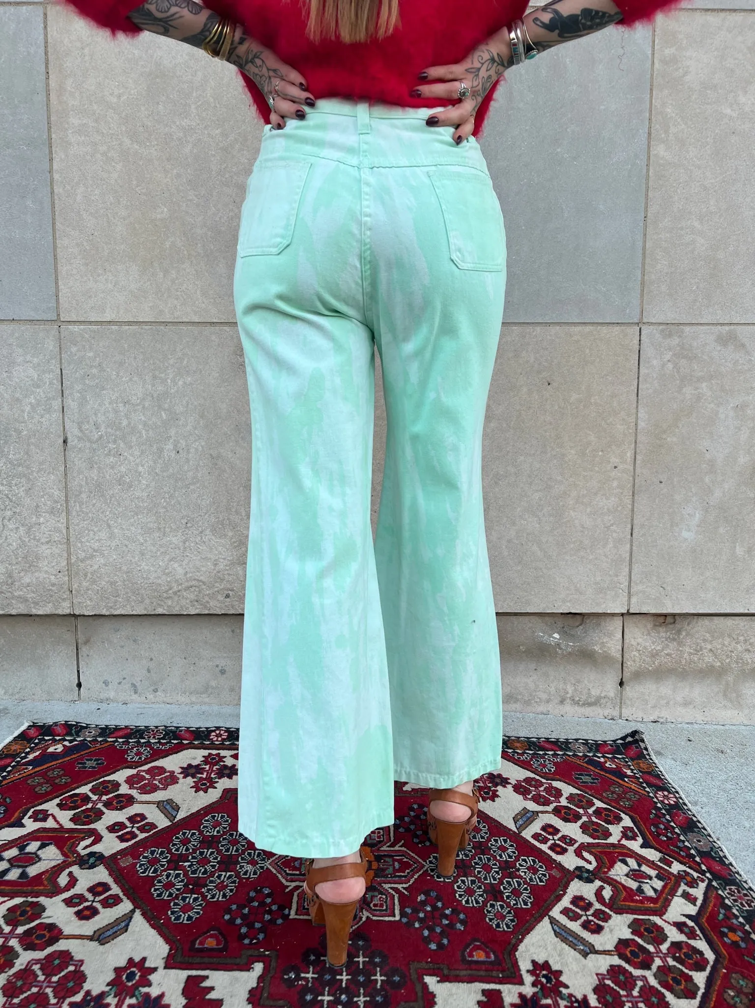 70s Mint Green Acid Wash Bell Bottom Denim Jeans