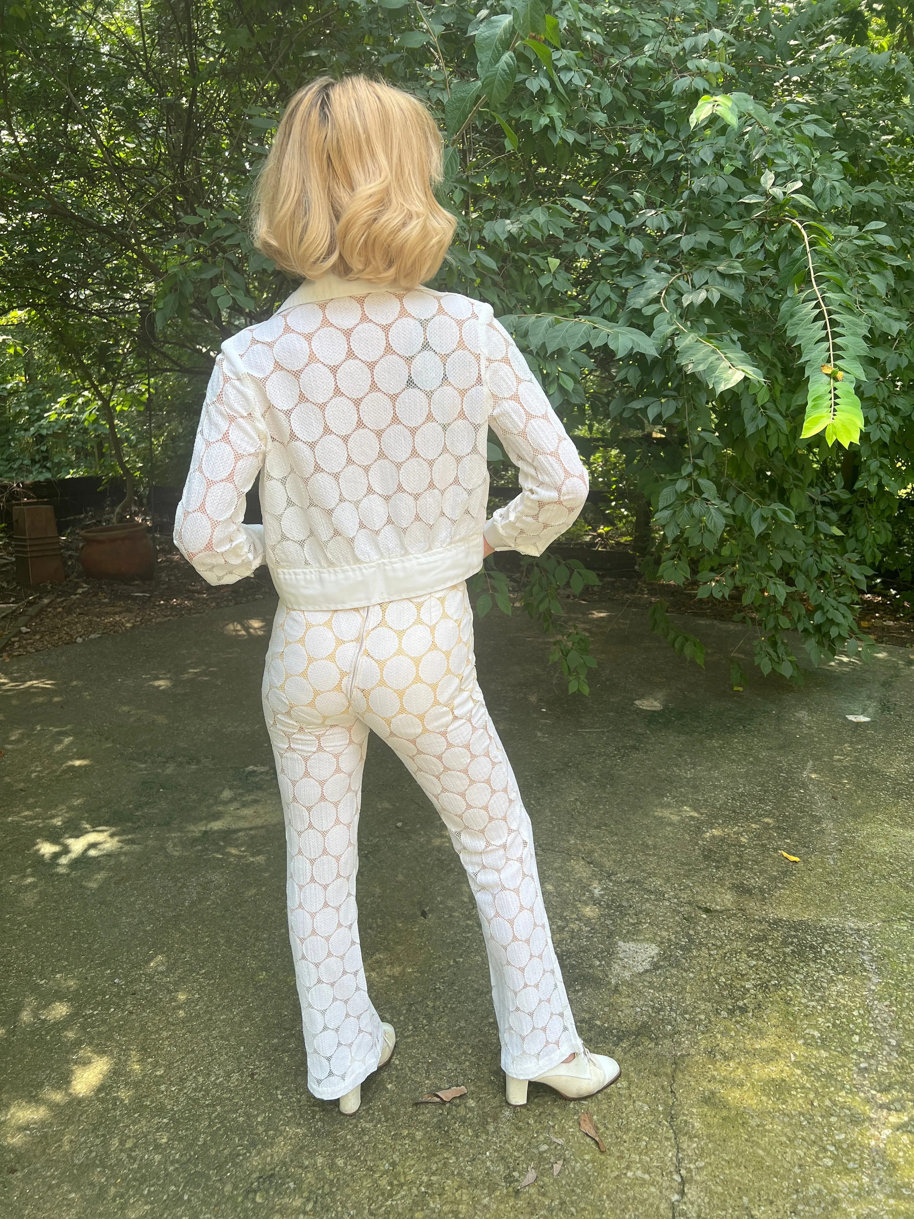 70s White 3pc Pantsuit with Fishnet Fabric, Mr. Vito Miami