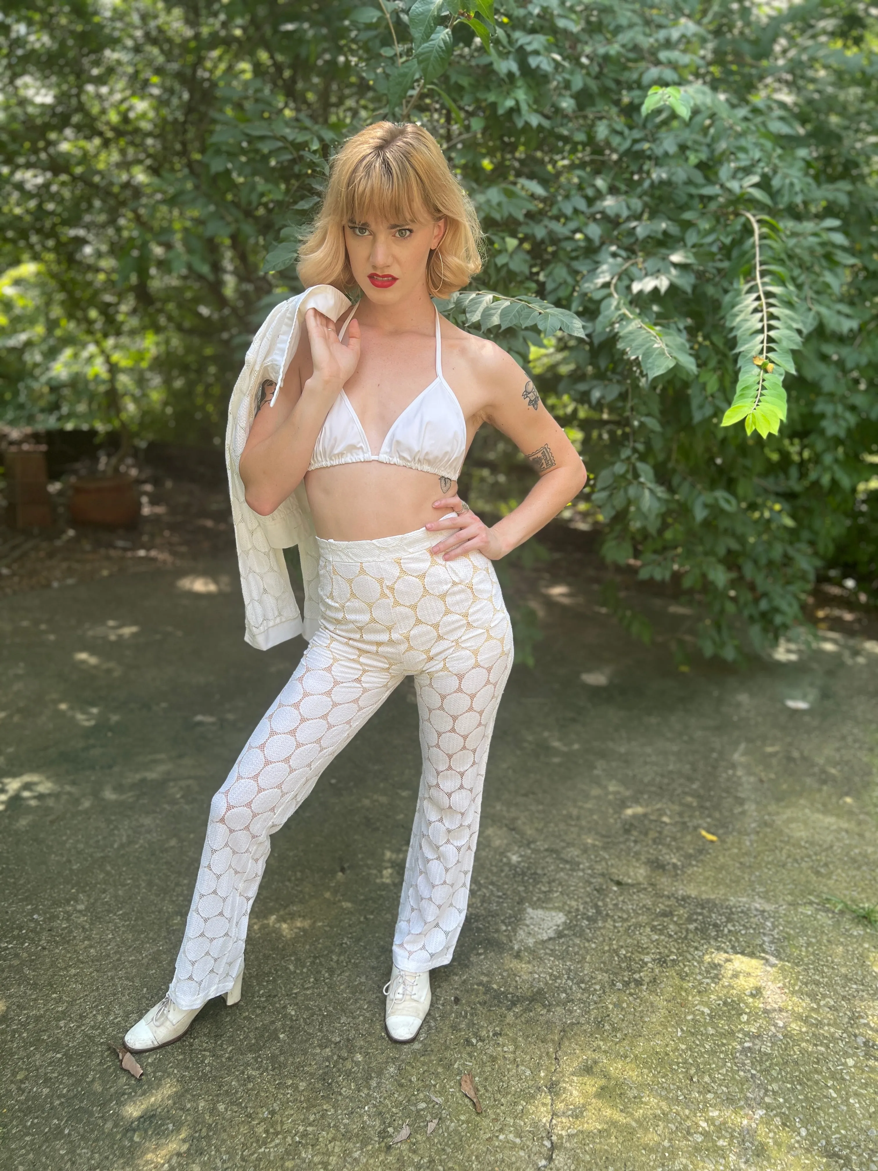 70s White 3pc Pantsuit with Fishnet Fabric, Mr. Vito Miami