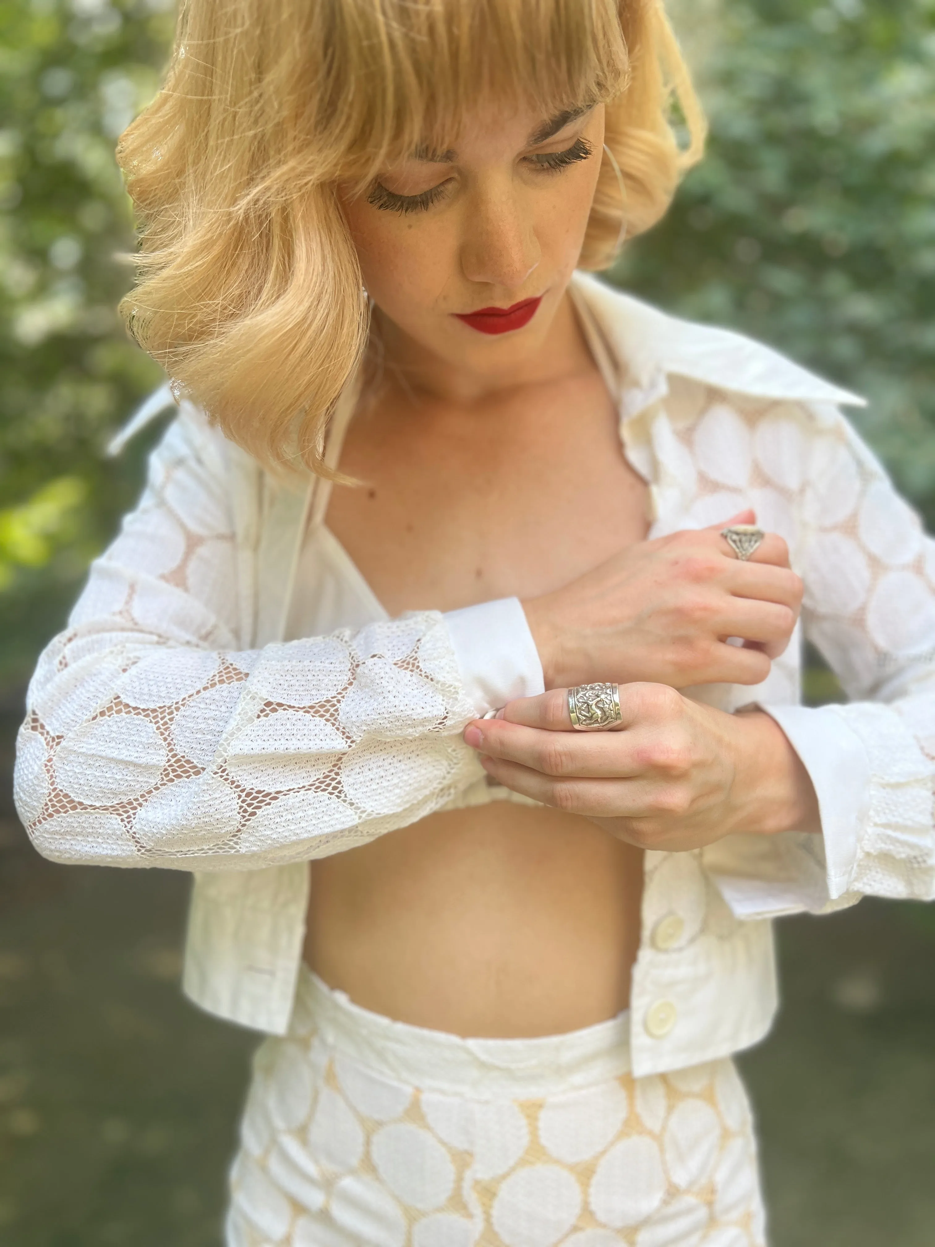 70s White 3pc Pantsuit with Fishnet Fabric, Mr. Vito Miami