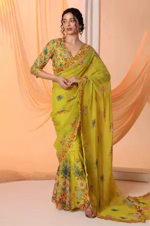Aarani Embroidered Yellow Pre-Stitch Saree Set