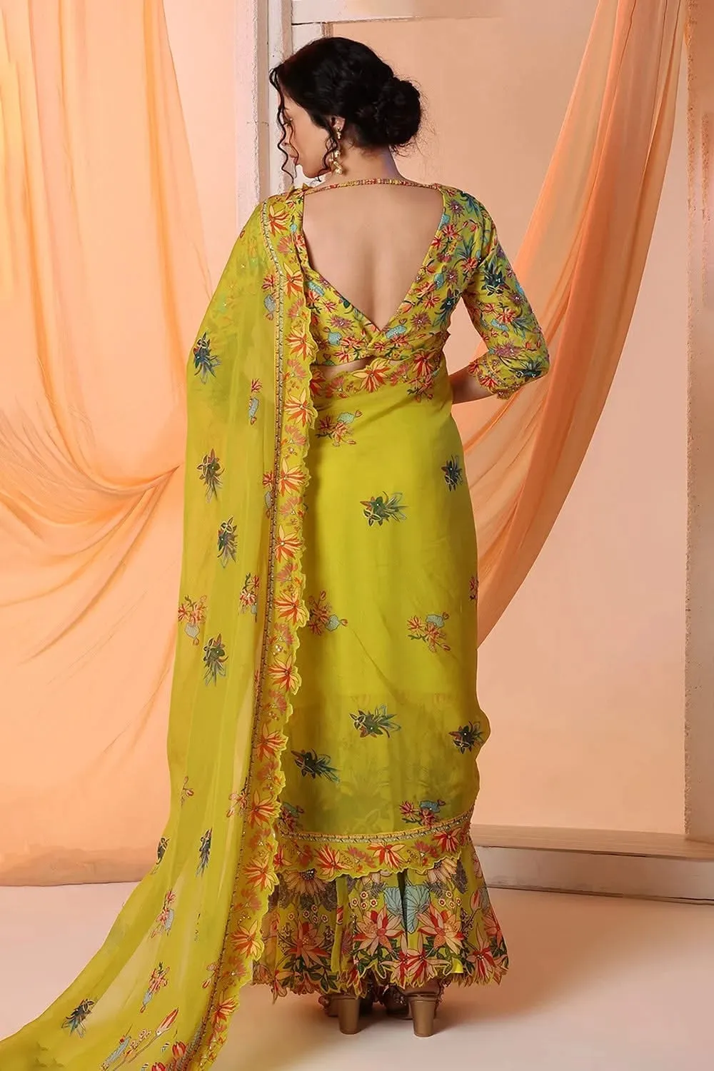 Aarani Embroidered Yellow Pre-Stitch Saree Set