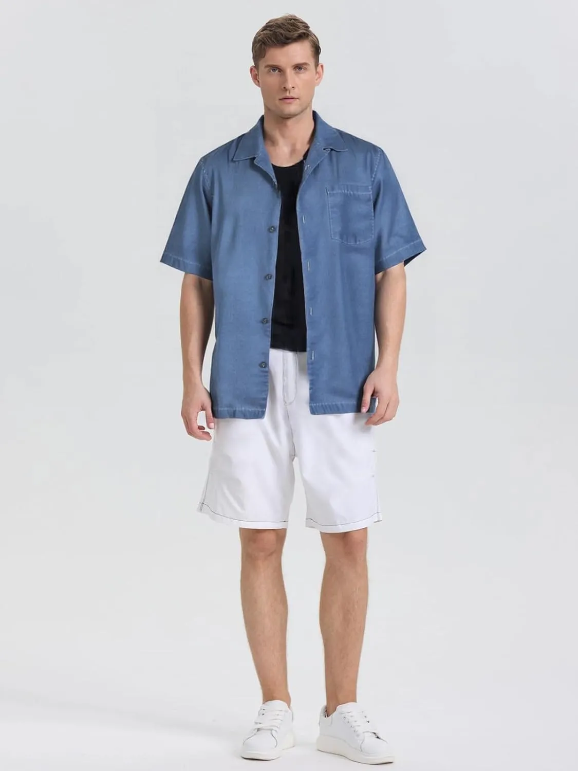 ALLOVIN Men’s Linen & Tencel Lyocell Hawaiian Shirt – Loose Fit Floral Button Down for Beach, Holiday & Summer Casual