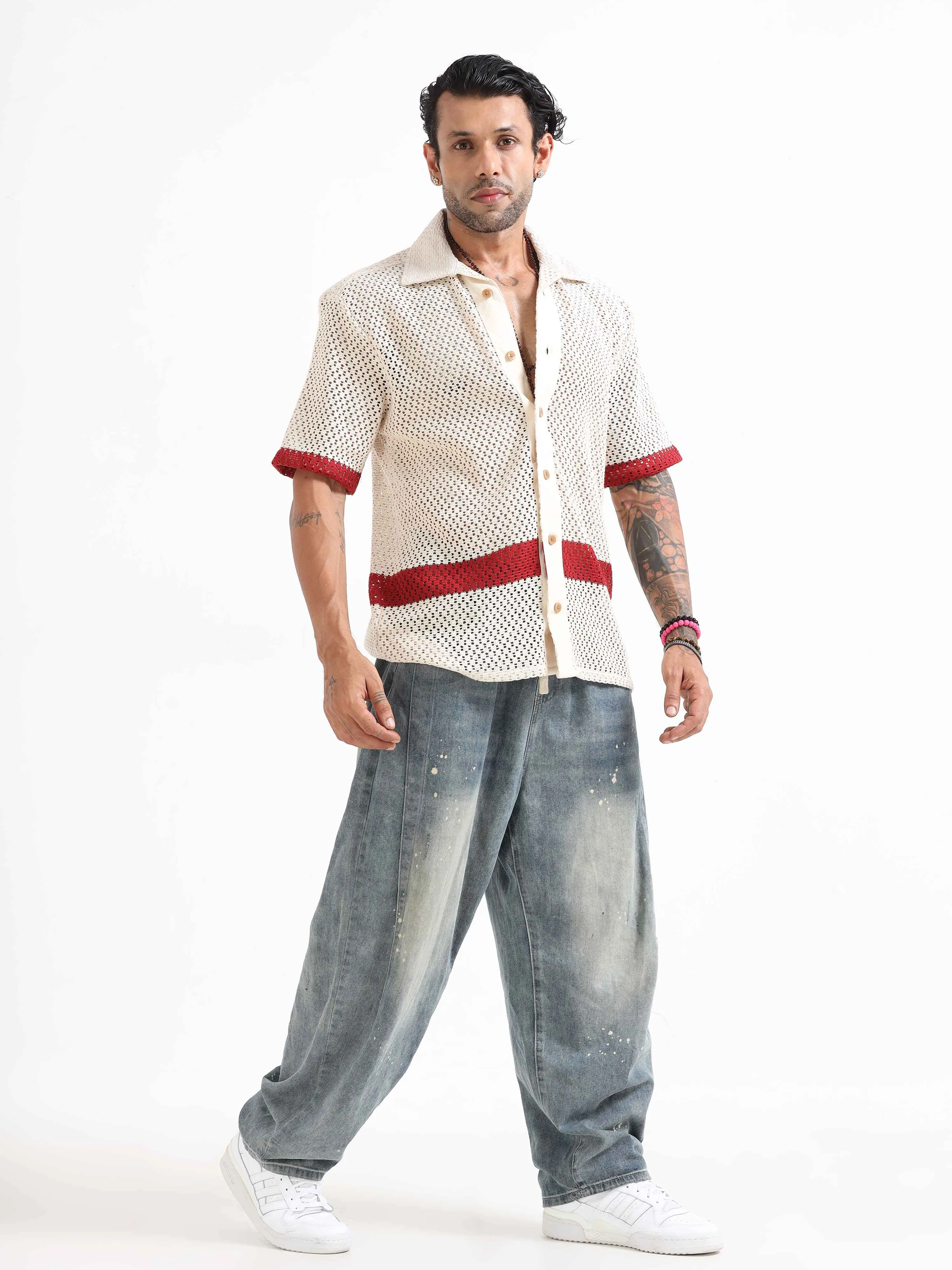 Artisan Crochet Knit Shirt In Red Stripe