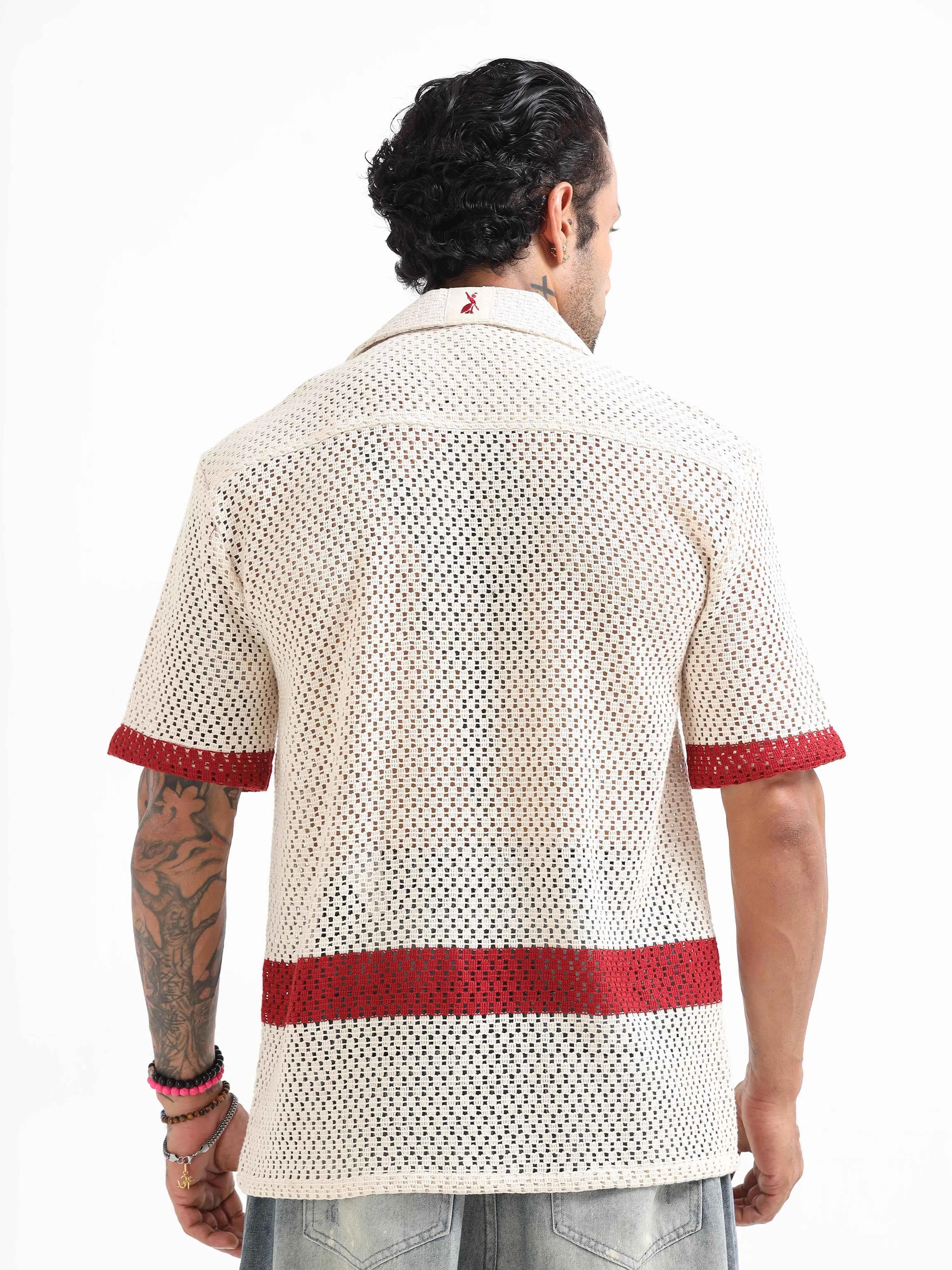 Artisan Crochet Knit Shirt In Red Stripe