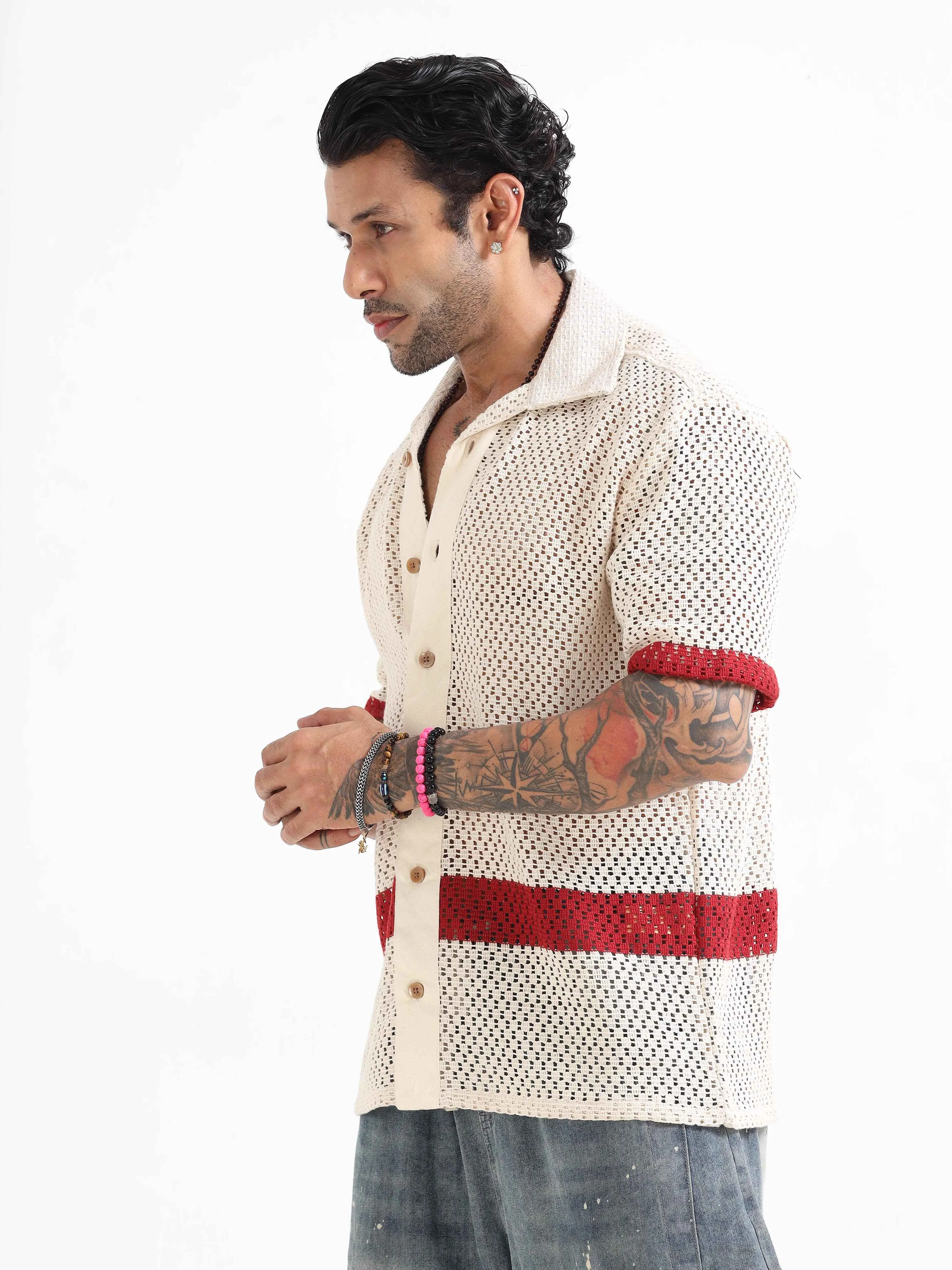Artisan Crochet Knit Shirt In Red Stripe