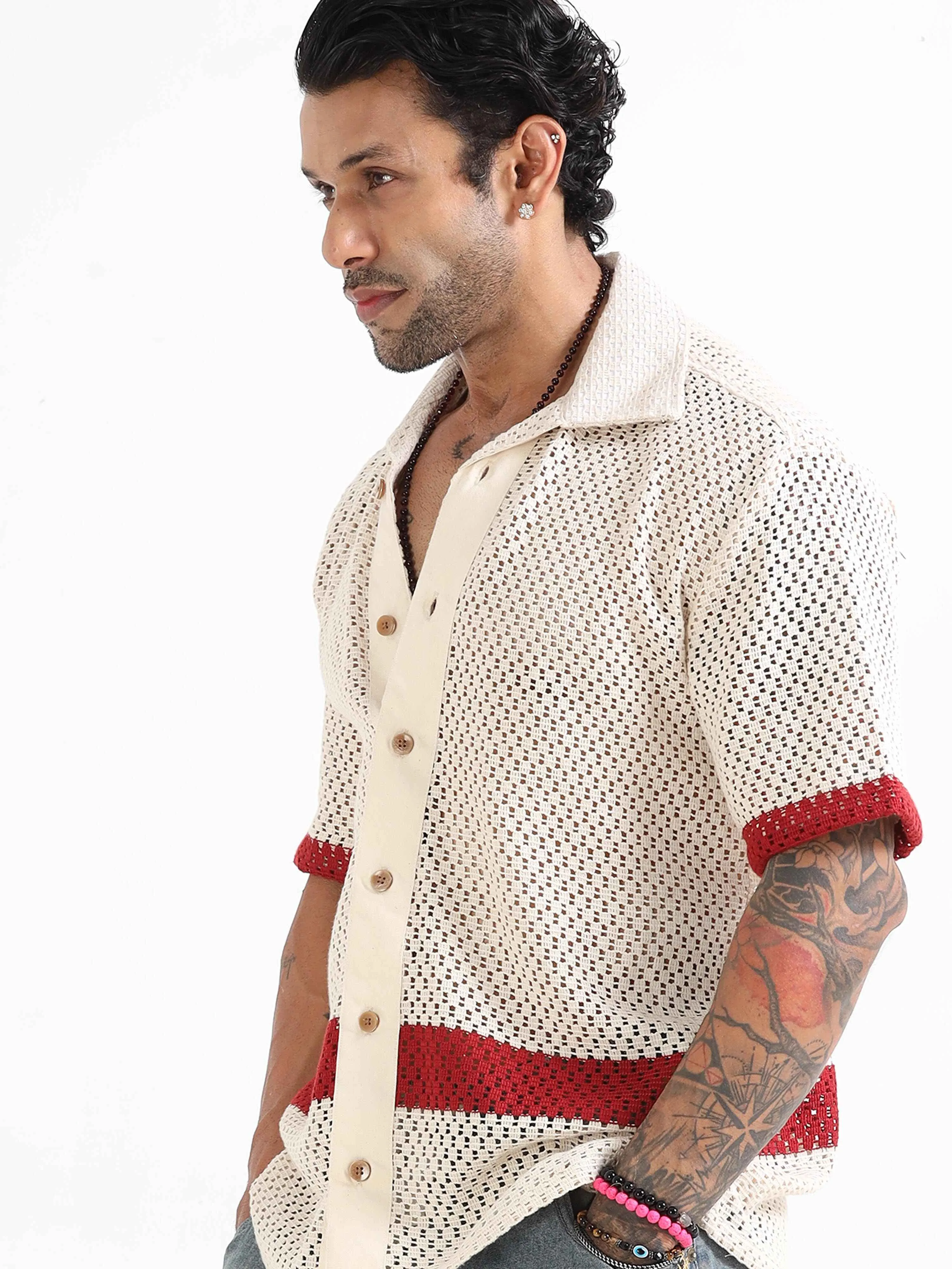 Artisan Crochet Knit Shirt In Red Stripe