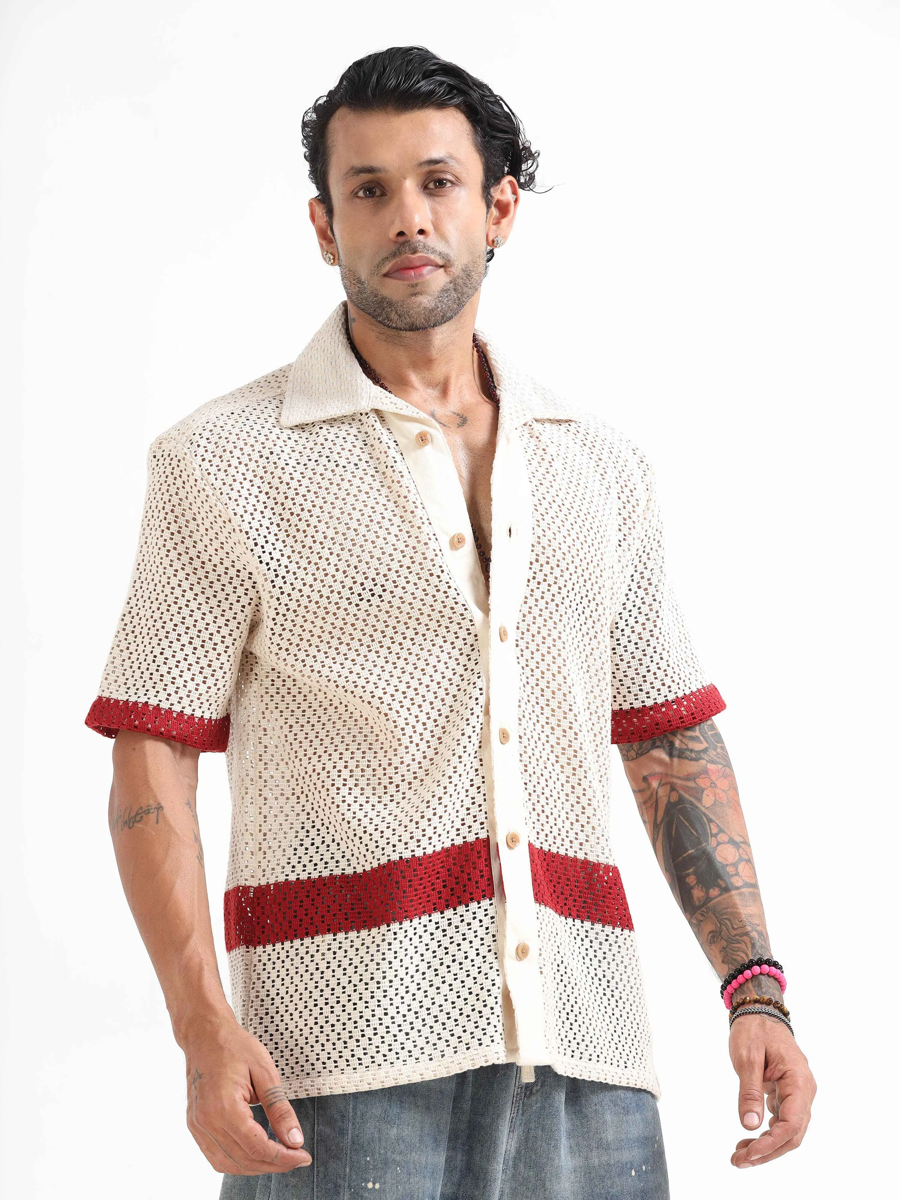 Artisan Crochet Knit Shirt In Red Stripe