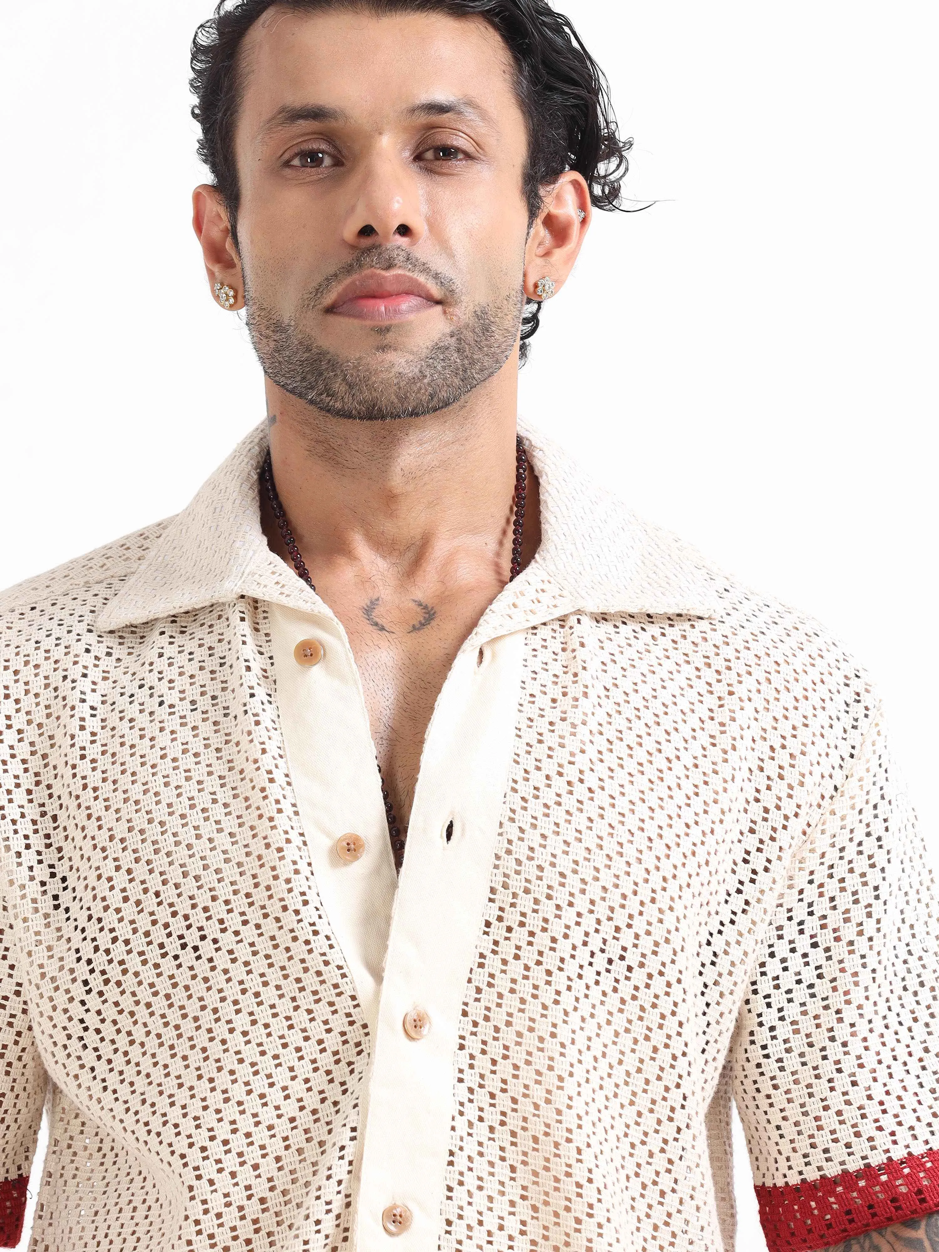 Artisan Crochet Knit Shirt In Red Stripe