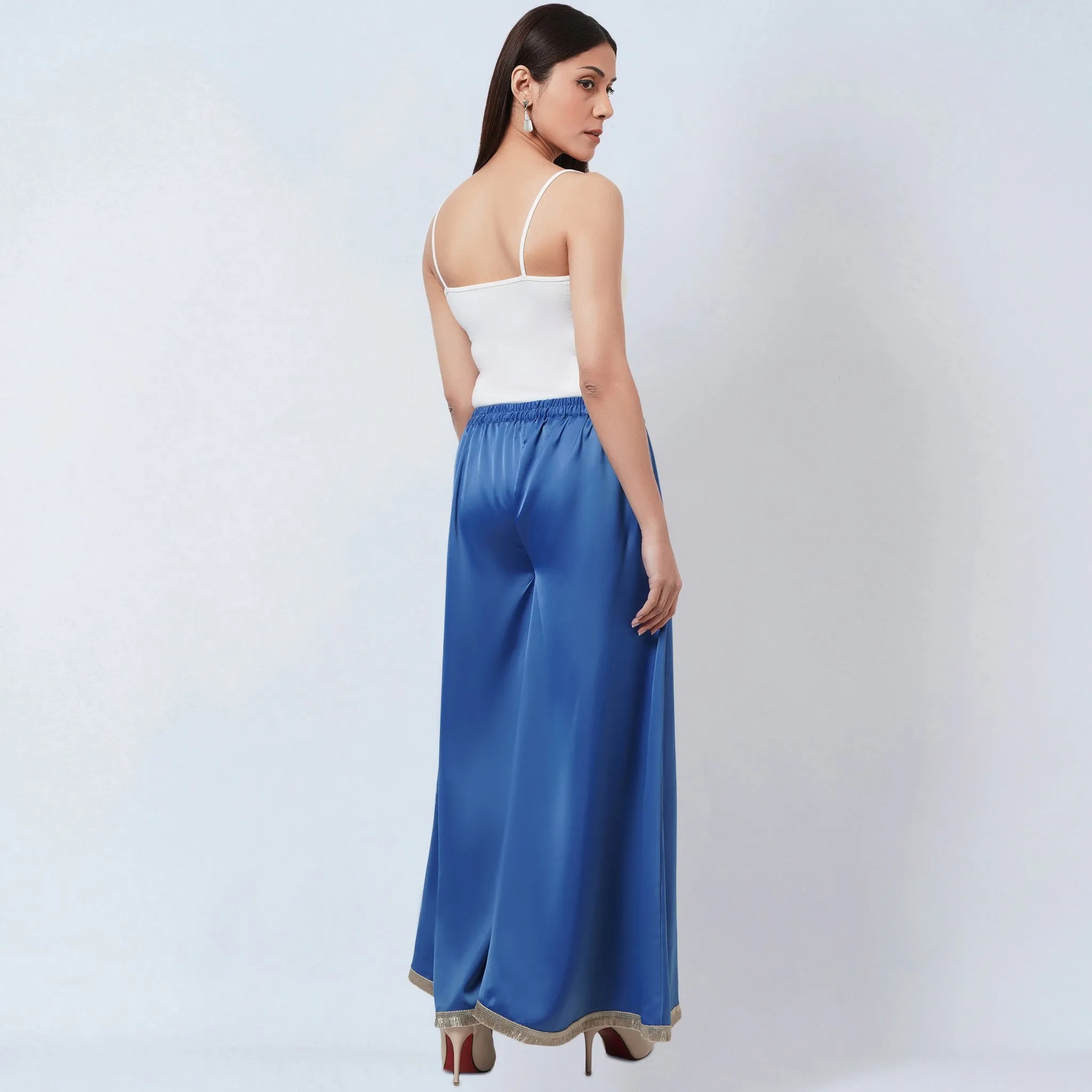 Azure Blue Wide Leg Pants with Lace