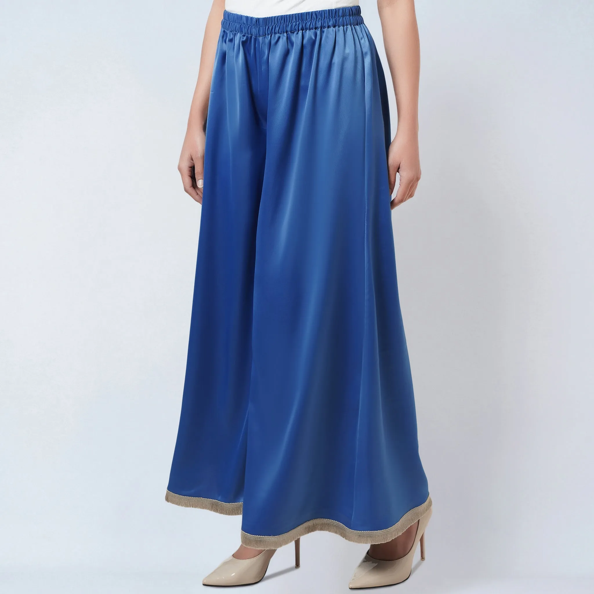 Azure Blue Wide Leg Pants with Lace