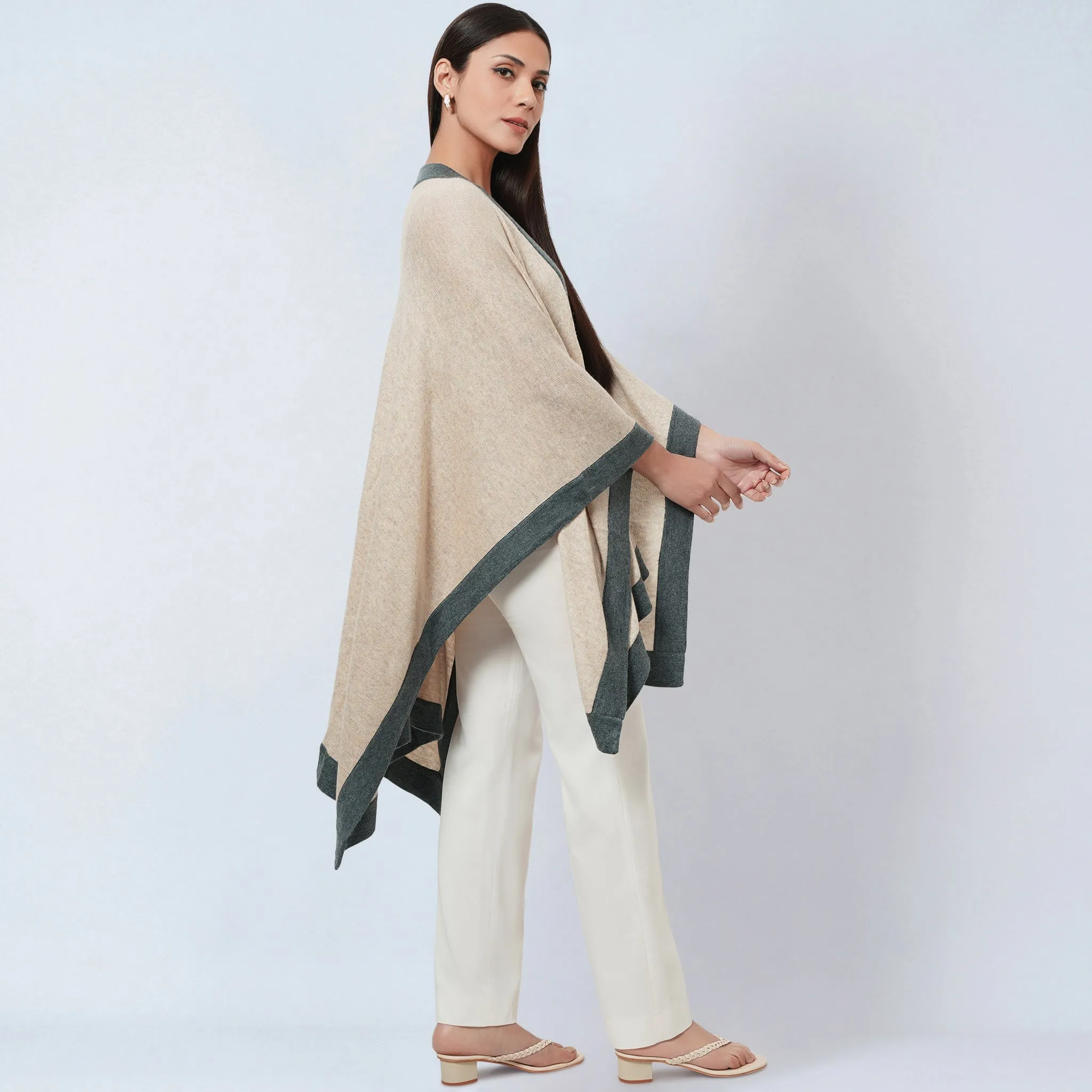 Beige and Grey Long Knitted Cashmere Cape