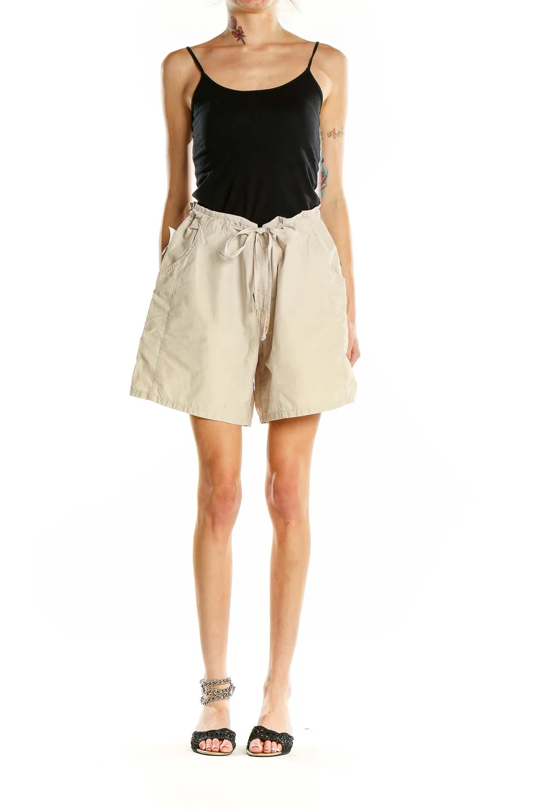 Beige Drawstring Casual Shorts