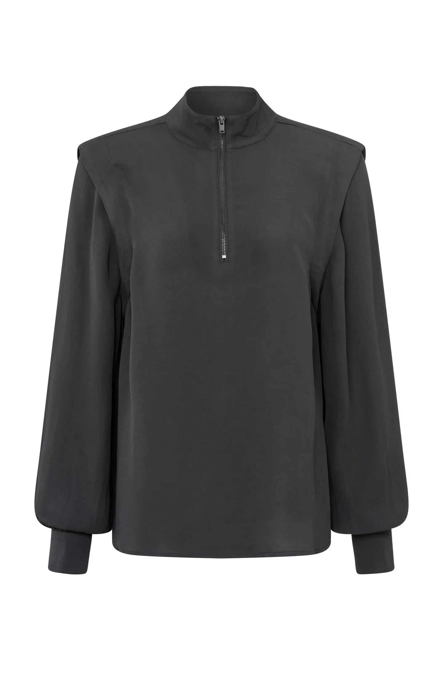 Black blouse with long sleeves, pleats and high turtleneck