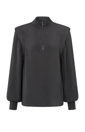 Black blouse with long sleeves, pleats and high turtleneck