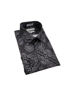Black Grey Men's Fashion Design Paisley Dress Shirts Long Sleeves By Avanti Uomo