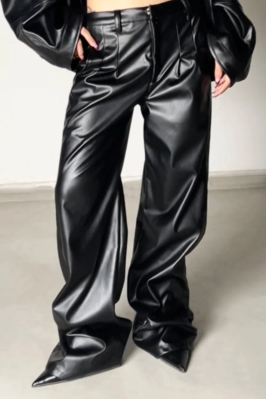 Black pleated leather pants