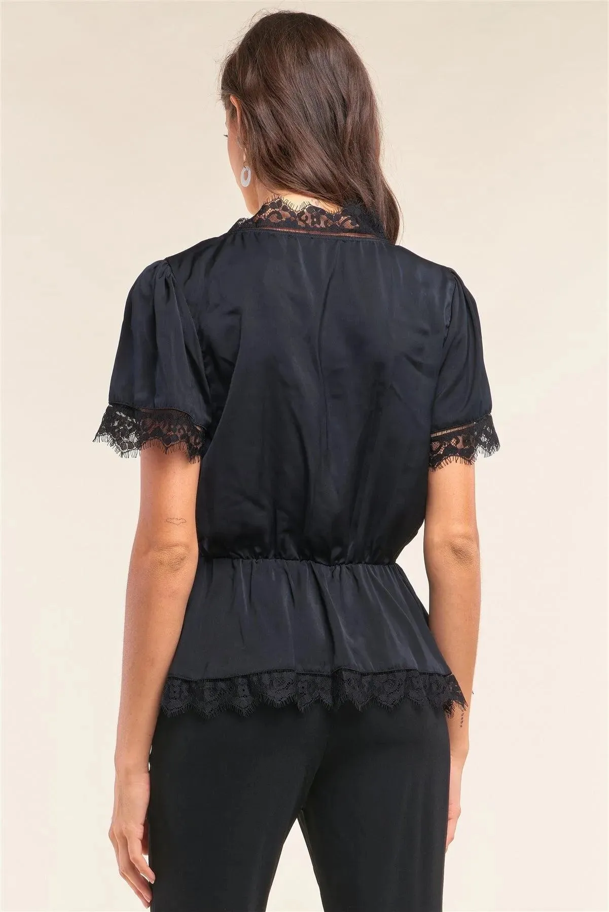 Black Satin Wrap Deep Plunge V-Neck Lace Hem Detail Flare Top /1-2-2-1