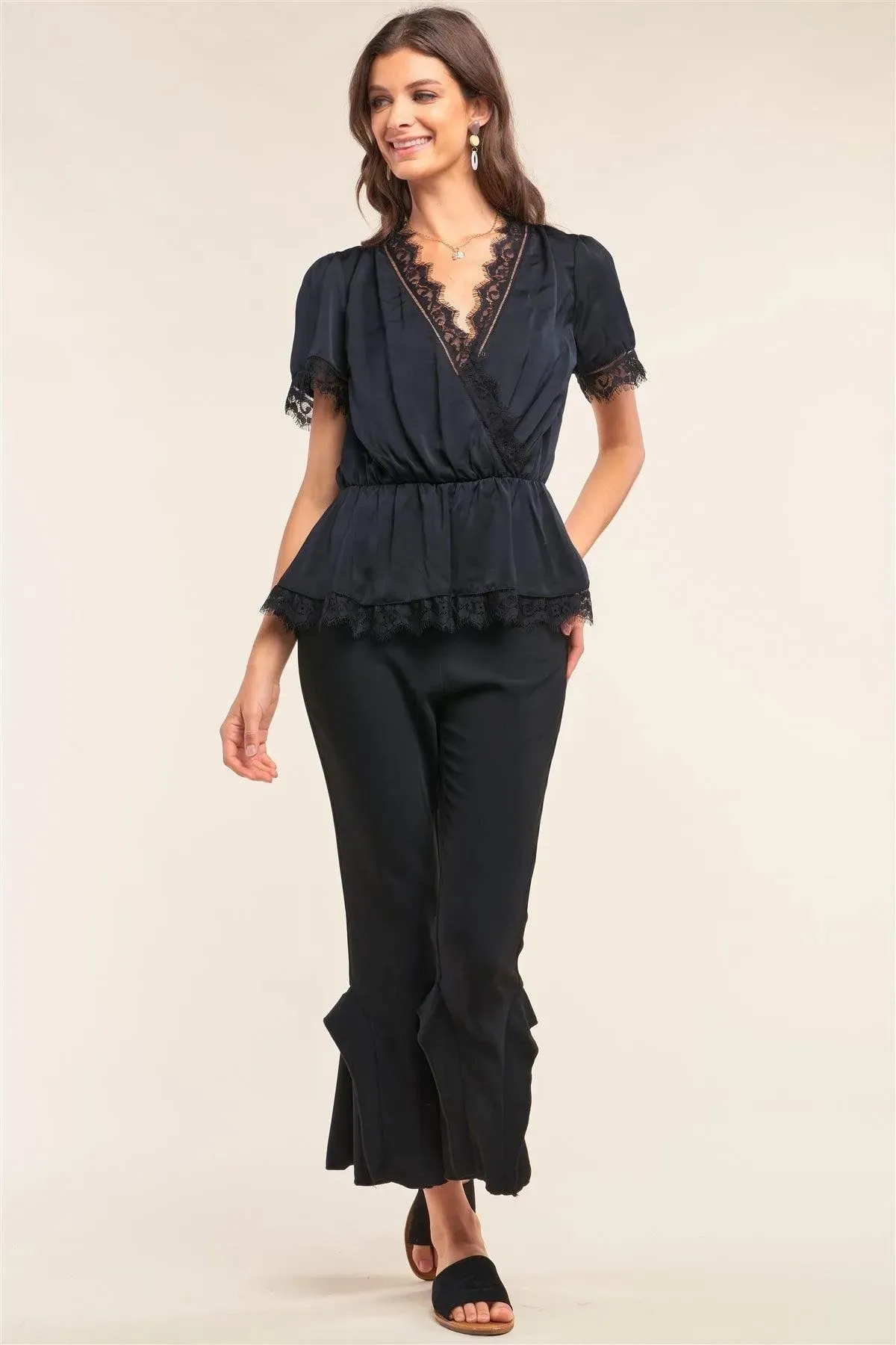 Black Satin Wrap Deep Plunge V-Neck Lace Hem Detail Flare Top /1-2-2-1