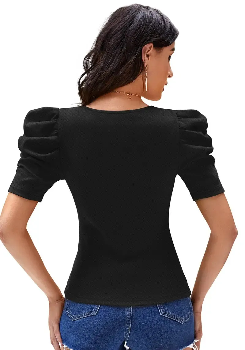 Black Solid Puff Sleeve Crop Top