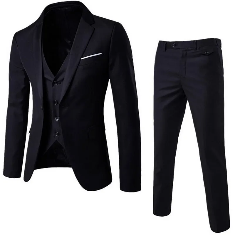 (Blazer Pant Vest) 3Pcs/Set Black Suits Slim Wedding Set Classic Blazers Male Formal Business Dress Suit Male Terno Masculino