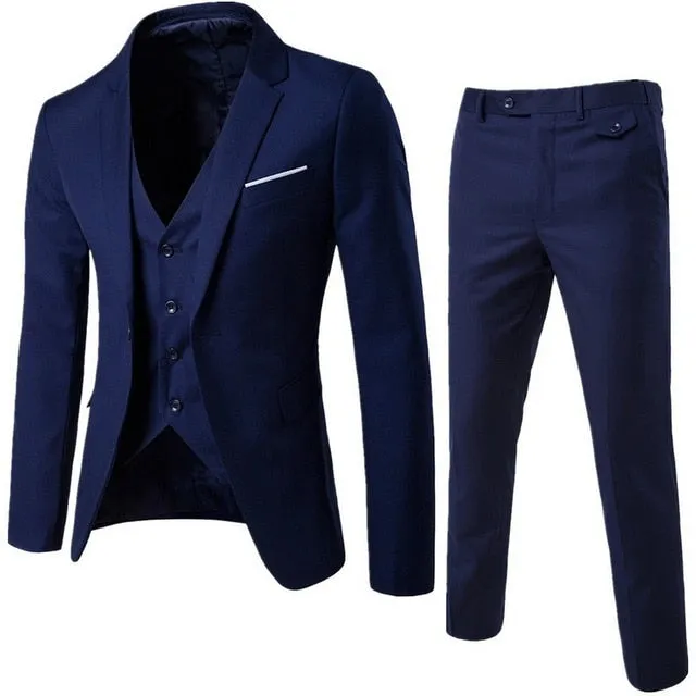(Blazer Pant Vest) 3Pcs/Set Black Suits Slim Wedding Set Classic Blazers Male Formal Business Dress Suit Male Terno Masculino