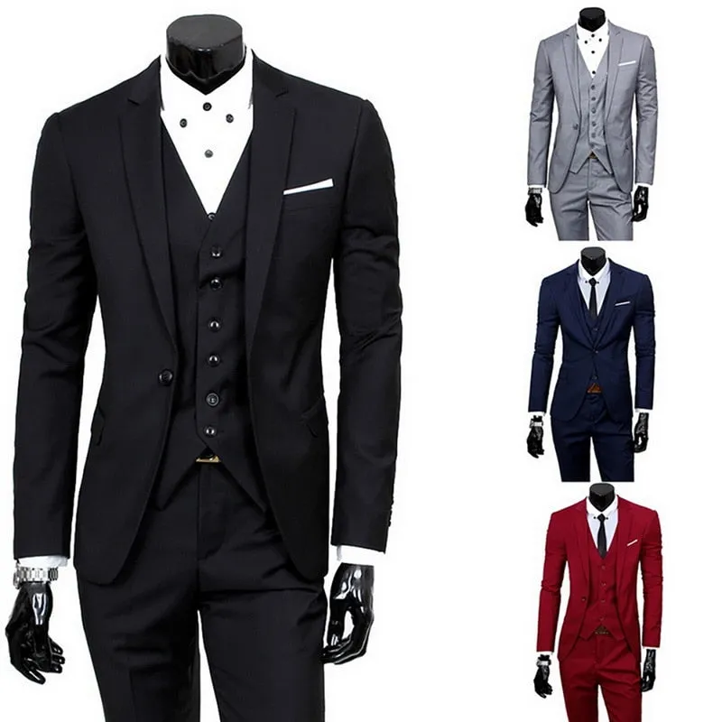 (Blazer Pant Vest) 3Pcs/Set Black Suits Slim Wedding Set Classic Blazers Male Formal Business Dress Suit Male Terno Masculino