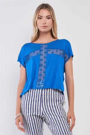 Blue Boat Neck Cut-In Floral Embroidery Top /3-3-1