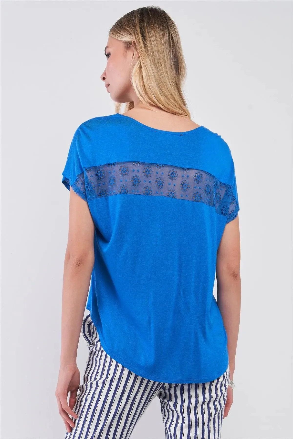 Blue Boat Neck Cut-In Floral Embroidery Top /3-3-1
