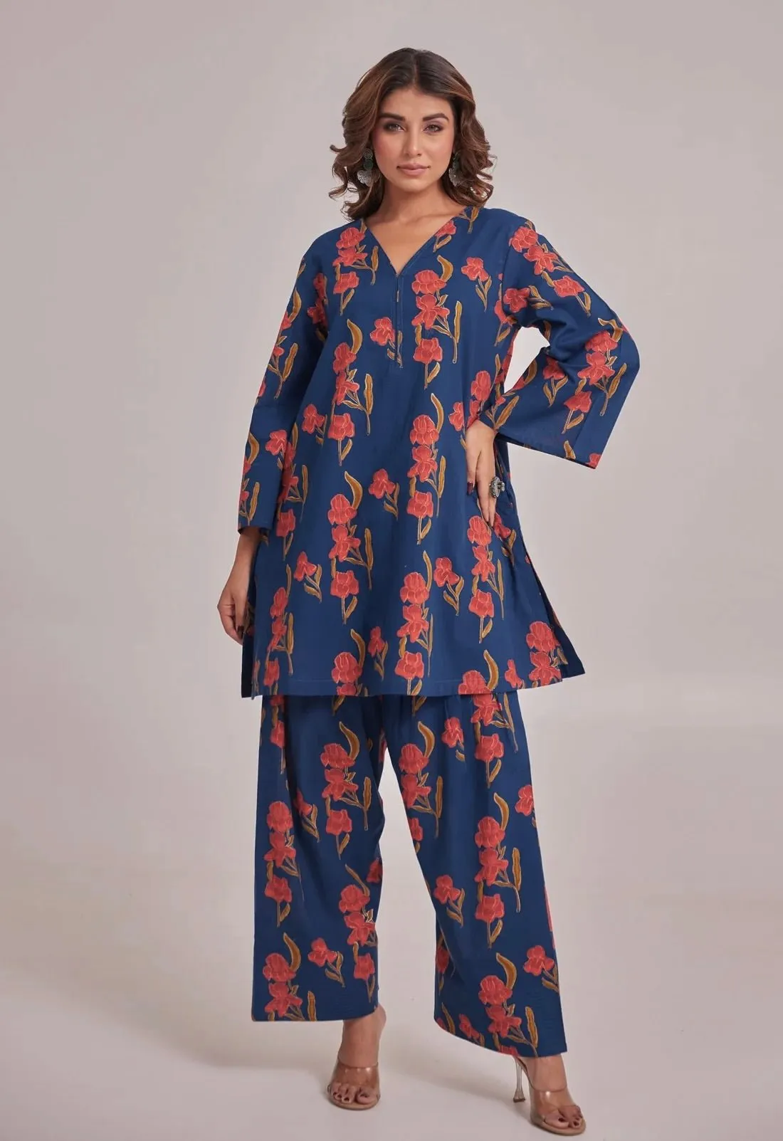 BLUE FLORAL CO-ORD SET WITH FARSI SALWAR PANTS