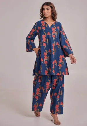 BLUE FLORAL CO-ORD SET WITH FARSI SALWAR PANTS