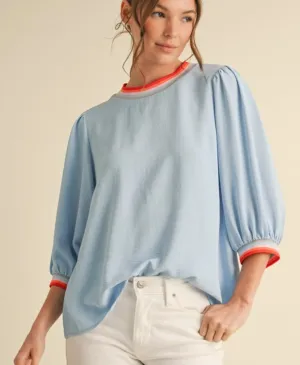 Blue peasant top with colorful trim