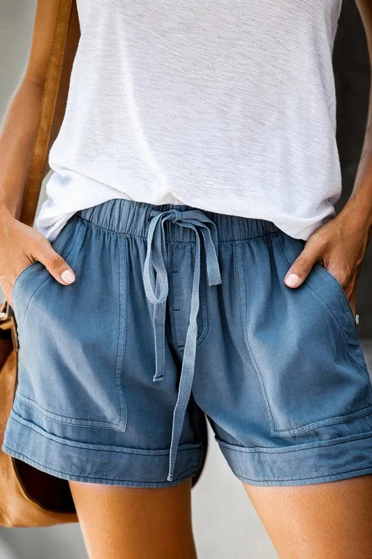 Blue Women Drawstring Casual Shorts With Pocket