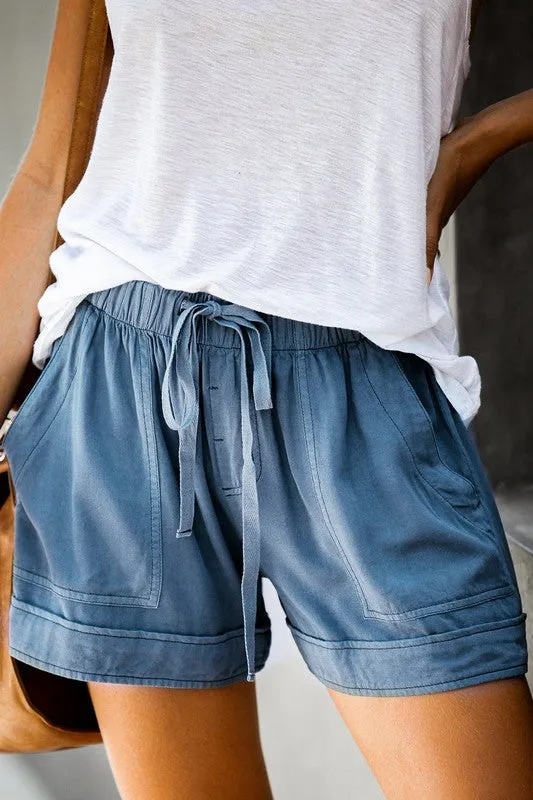 Blue Women Drawstring Casual Shorts With Pocket