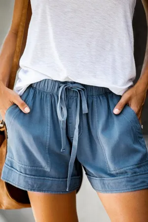 Blue Women Drawstring Casual Shorts With Pocket