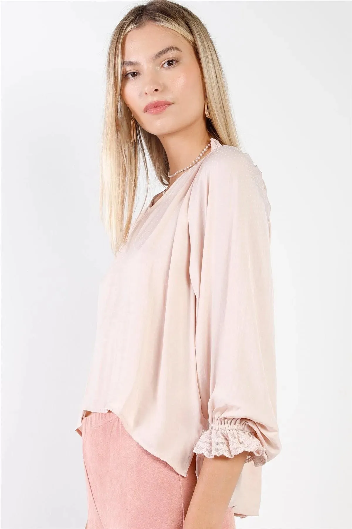 Boho Mauve Satin Effect Long Bishop Sleeve With Lace Trim V-Neck Loose Fit Top /3-2-1