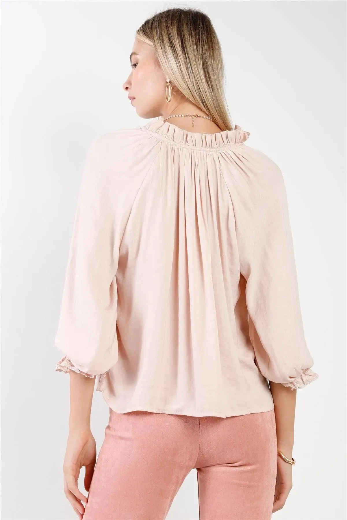 Boho Mauve Satin Effect Long Bishop Sleeve With Lace Trim V-Neck Loose Fit Top /3-2-1