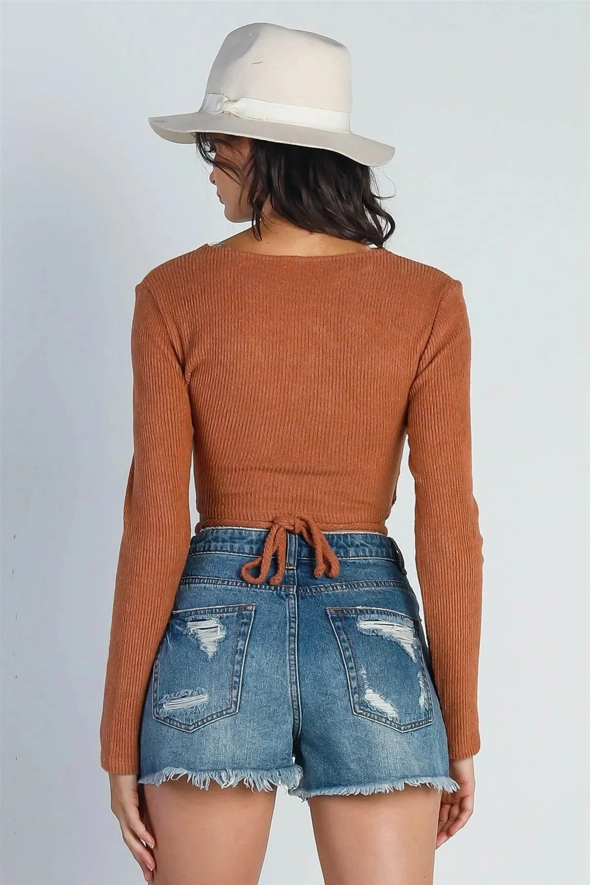 Brick Ribbed Flannel Front Twist Detail Wrap Around Crop Top /3-2-1
