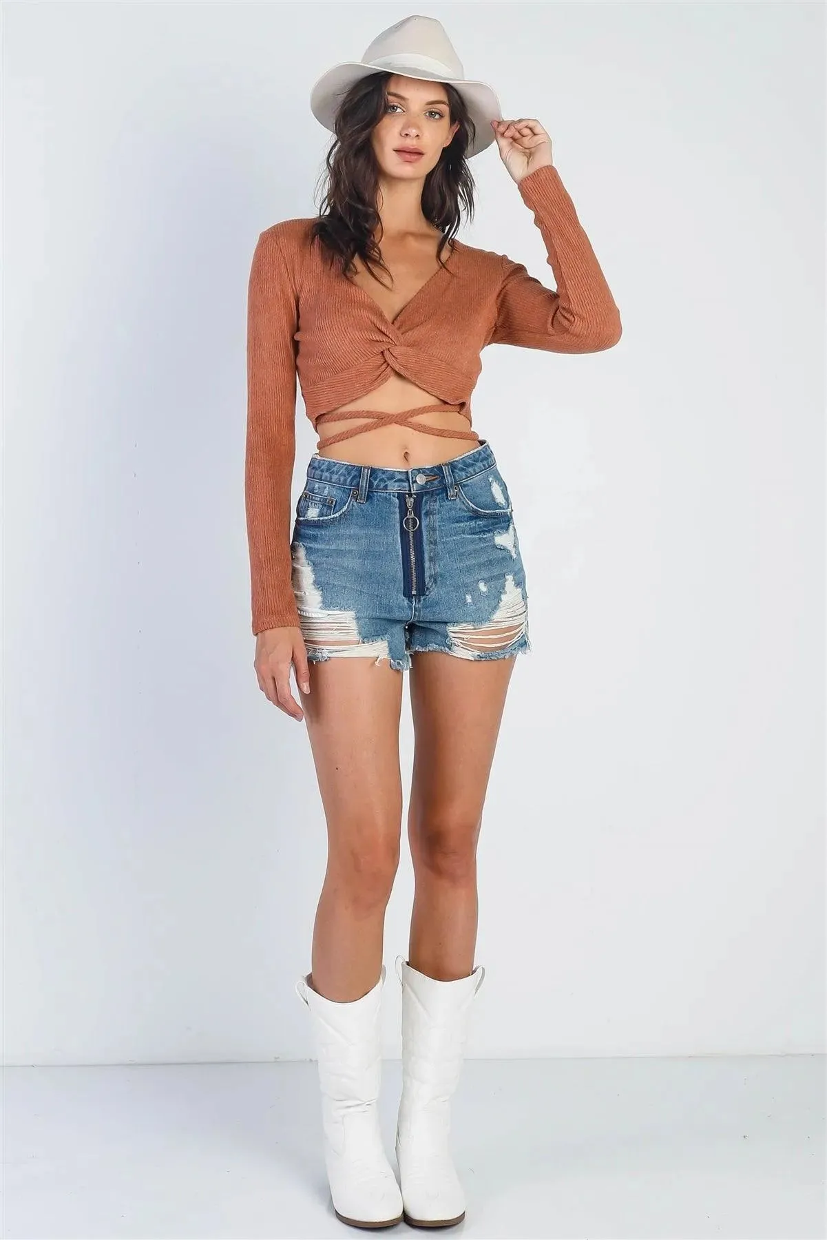 Brick Ribbed Flannel Front Twist Detail Wrap Around Crop Top /3-2-1