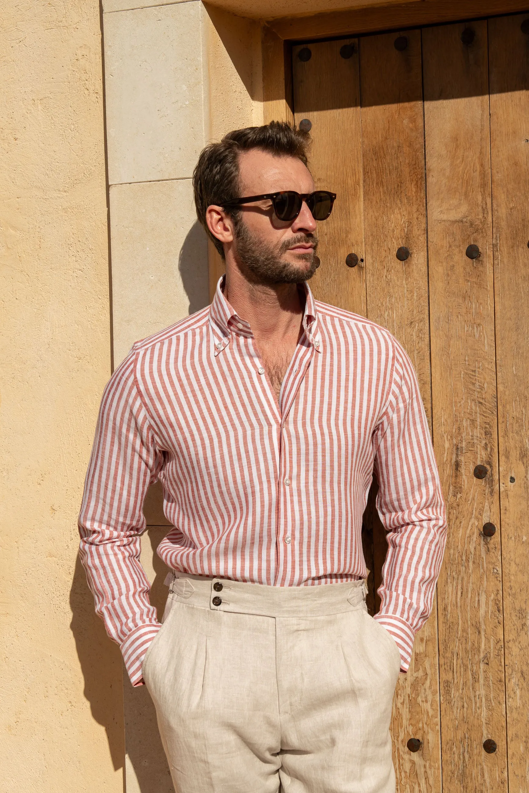 Brick striped linen button down shirt - Made in Italy