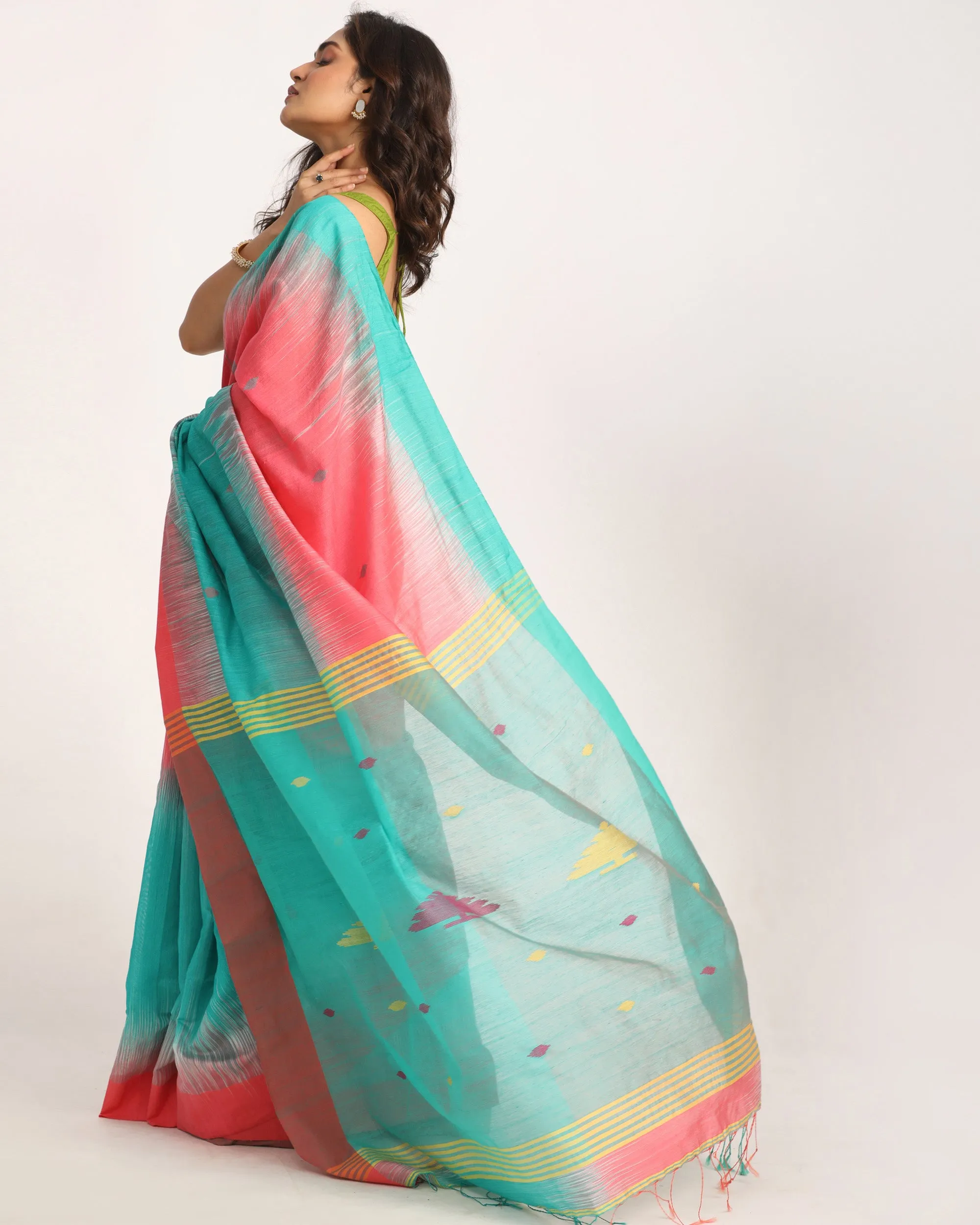 Brink Pink Cotton Blend Handloom Tie Dye Jamdani Saree
